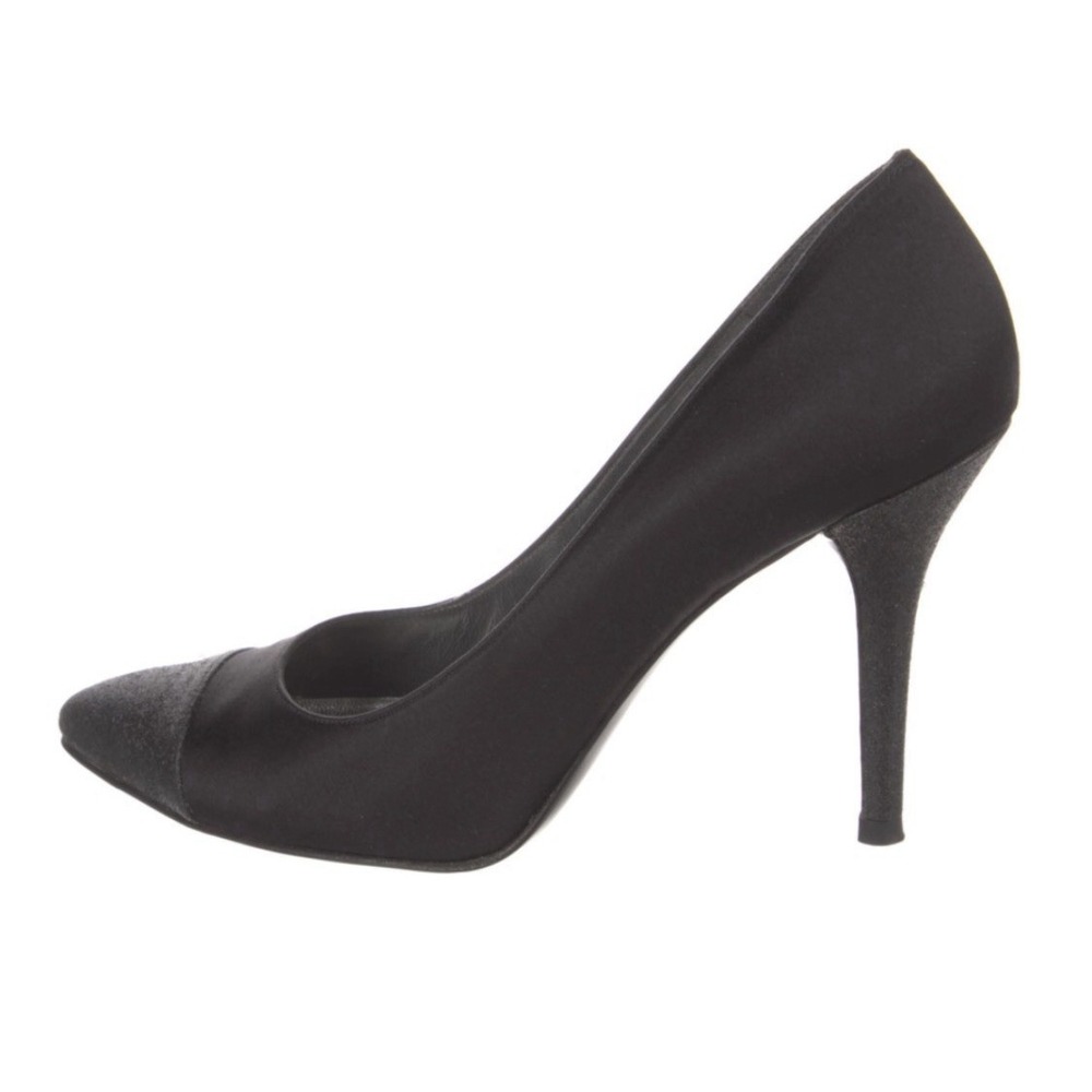 Stuart Weitzman Satin Black Glitter Heel & Cap Toe Pump Sz-7.5N 395$ Party